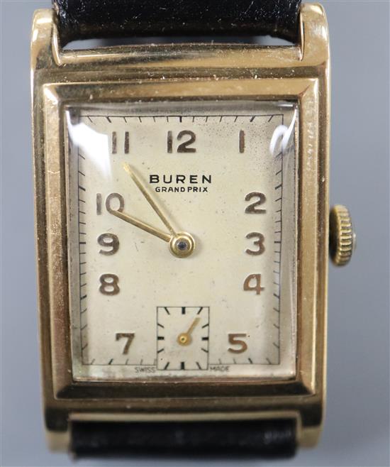 A gentlemans early 1950s 9ct gold Buren Grand Prix manual wind wrist watch, with rectangular Arabic dial and subsidiary seconds,